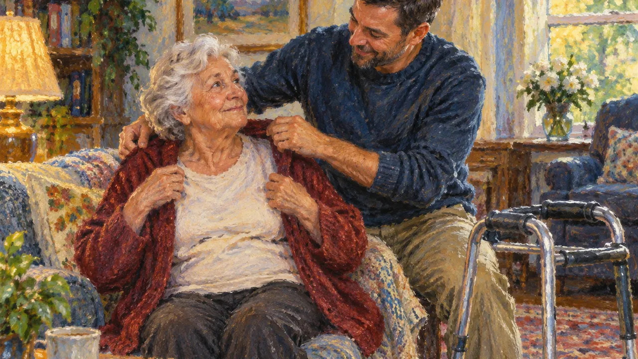 An older woman veteran receives help with a cardigan from a male home-care aide in a comfortable living room, a walker nearby, rendered in expressive oil-pastel texture without uniforms, insignia, text, words, or logos.