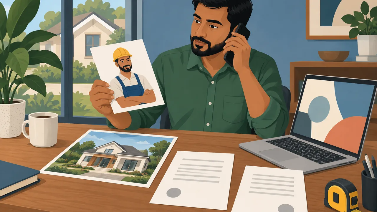 Flat editorial illustration of a South Asian male homeowner calling from a desk, comparing a contractor portrait, house-project photo and blank credentials. Laptop shows abstract geometric shapes; bold, clean composition with no text, numbers or logos.