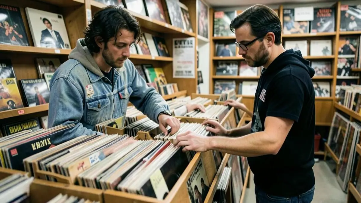 Hands flipping through records in a shop rack