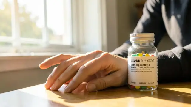 Sunlight falling across a table beside a supplement bottle