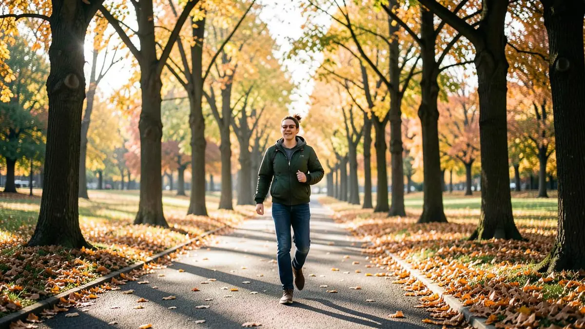 A person walking briskly along a tree-lined path in the morning