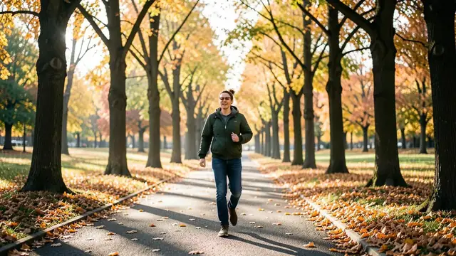 A person walking briskly along a tree-lined path in the morning