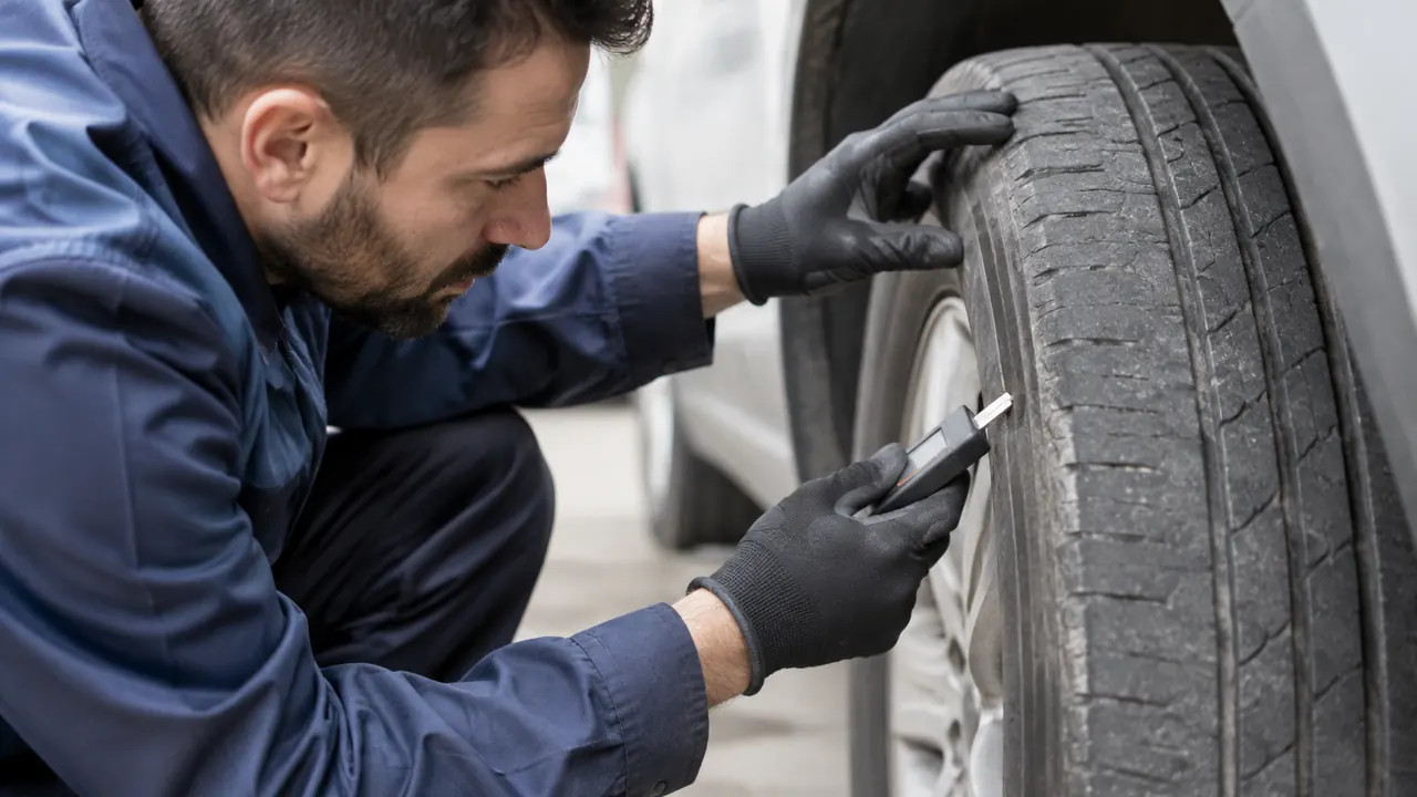 Close-up of a technician inspecting worn tire tread and sidewall with a handheld gauge angled away from view, with no visible text or branding.