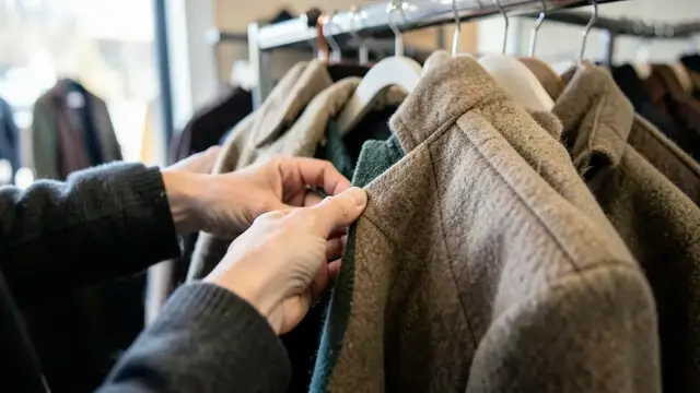Hands checking the stitching and lining of a wool winter coat on a shop rail