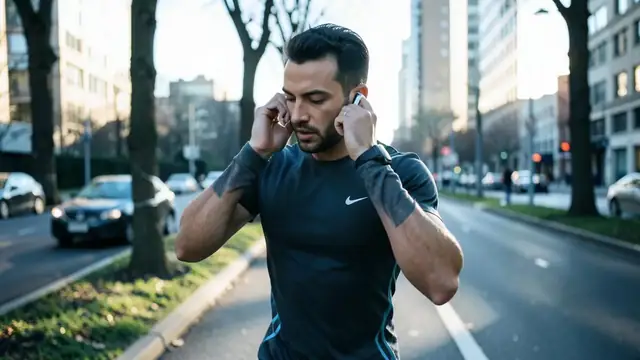 A runner adjusting wireless earbuds before a morning run