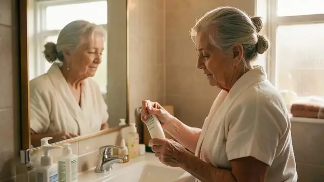Skincare bottles and a jar of moisturiser on a bathroom shelf in morning light