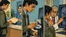 Three-panel retro comic showing a South Asian man collecting a plain medical folder, transferring an unmarked imaging disc, and discussing an abstract scan with an older female specialist; bold ink outlines, muted halftone colors, no speech bubbles, text, words or logos.