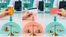 Text-free geometric comparison of three pharmacy checkout routes: an unmarked prescription bottle, plain insurance card, plain discount card, coins and balance scale in teal and coral, without letters, numbers, words or logos.