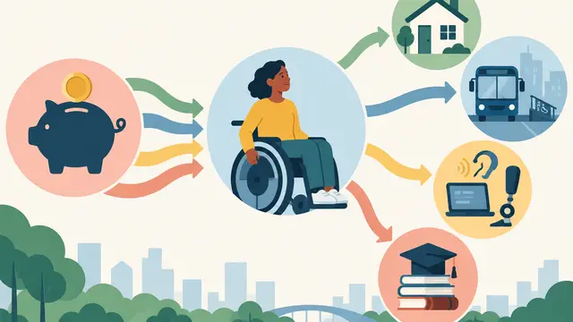 Geometric pictograms show savings flowing toward accessible housing, transportation, assistive technology, and education around a disabled adult, with ample negative space and no text or logos.