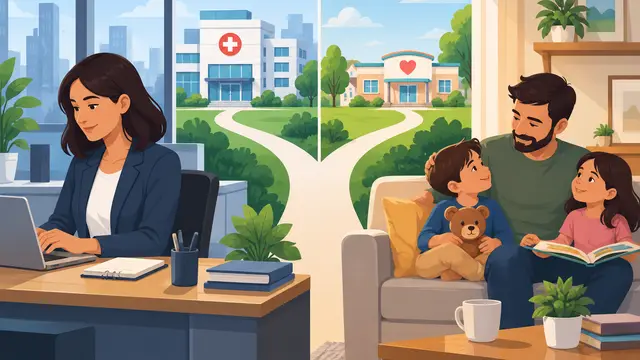A split composition shows a mother at work and her husband with two children at home, connected by branching paths toward healthcare buildings, without text, numbers, or logo-like symbols.