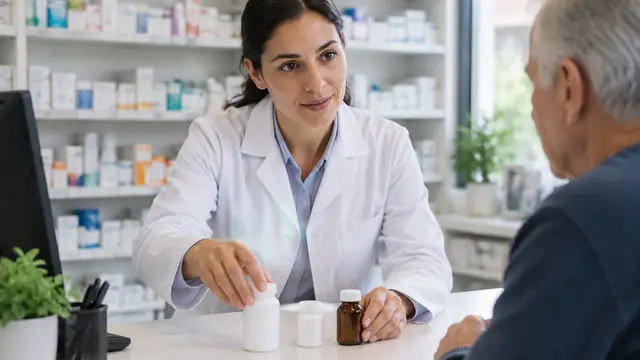 A pharmacist places three distinct, plain medicine containers on a counter during a patient consultation, with no visible text, logos or readable screens.