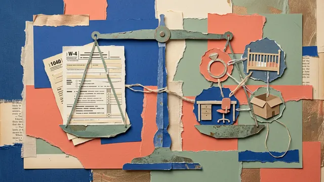 Mixed-media collage balancing tax paperwork against symbols of a new job, marriage, baby and move.