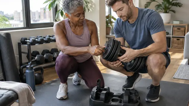 A fit older Black woman and younger white man inspect an unbranded dumbbell’s adjustment mechanism in a sunlit apartment, beside fixed dumbbells and a storage tray.