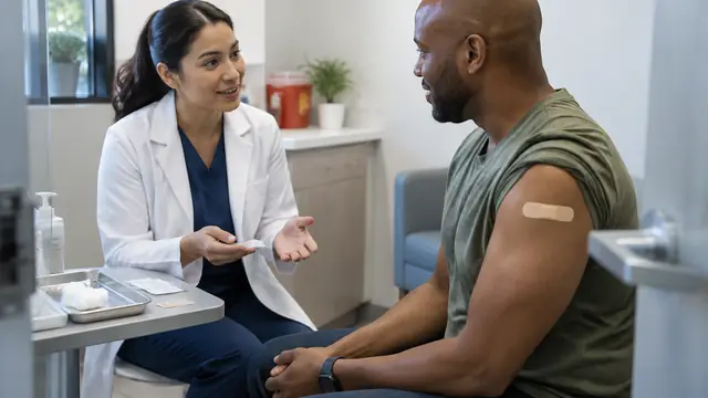 A pharmacist speaks with an adult in a private vaccination area, with an unbranded adhesive bandage and sealed supplies on a tray.