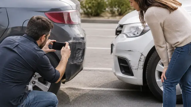 Two adults stand safely beside lightly damaged cars in a parking area while one photographs a bumper with a phone, its screen facing away.