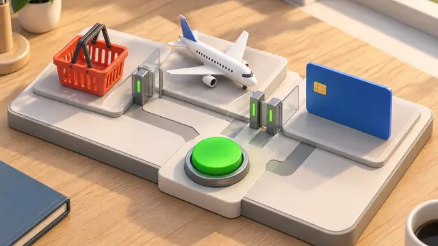 An isometric miniature desk holds an unbranded laptop, shopping basket, airplane model and credit card with a completely blank face, separated by small gates beside a prominent physical approval button. No text, letters, numbers or logos appear.