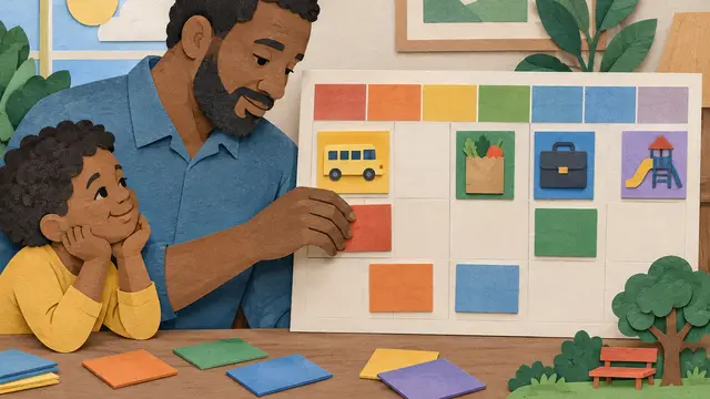 Paper-cut scene of a Black father arranging colorful blocks on a blank weekly grid, with miniature bus, grocery bag, work bag and playground cutouts, visible gaps between activities, and no text, letters, numbers or logos.