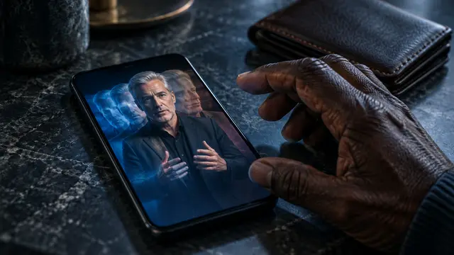 A fictional silver-haired male presenter appears on an unbranded smartphone screen, splitting into offset translucent layers. An older Black viewer’s hand pauses above the phone, with a closed wallet nearby. Dramatic cool lighting; no real celebrity likeness, text, letters, numbers or logos.