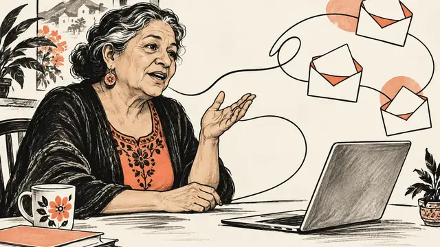 An older Latina woman speaks naturally at a desk as a flowing ink line connects her to an open laptop and blank envelopes, rendered in expressive black ink with restrained coral accents; no text, letters, numbers or logos.