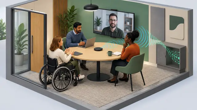 Cutaway view of a small hybrid meeting room with a white woman using a wheelchair, a South Asian man and a Black woman, an unbranded monitor showing a remote colleague, and abstract sound waves leading into a closed storage box. No text, letters, numbers or logos.