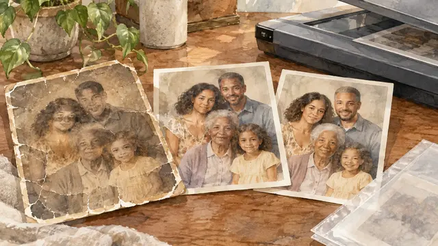 Watercolor still life of a faded portrait of three generations of a multiracial family beside two restored versions with subtly different facial details, a scanner and an archival photo sleeve, in soft muted pigments without text, letters, numbers or logos.