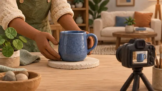 A handcrafted clay scene shows the same blue ceramic mug on a simple tabletop and in a stylized living room. A tiny camera sits nearby as a seller’s brown clay hands adjust the mug. Its shape and color remain consistent, with no text, letters, numbers or logos.