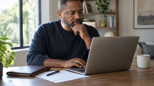 A middle-aged Black man thoughtfully reviews an unbranded laptop in a naturally lit home office, beside a closed work portfolio and blank papers. The screen faces away; no text or logos appear.