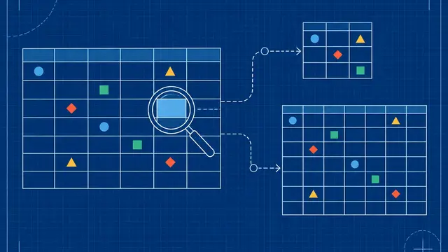 Blueprint-style overhead spreadsheet of empty cells and colored shapes, with a magnifier and branching paths to small and large grids; no text, letters, numbers or logos.