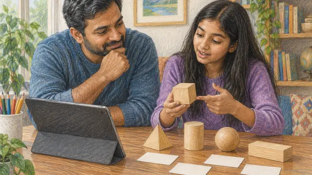 Textured colored-pencil drawing of a South Asian father listening as his teenage daughter demonstrates a solution with wooden geometric solids at a table with an unbranded tablet and blank index cards. No text, letters, numbers or logos.