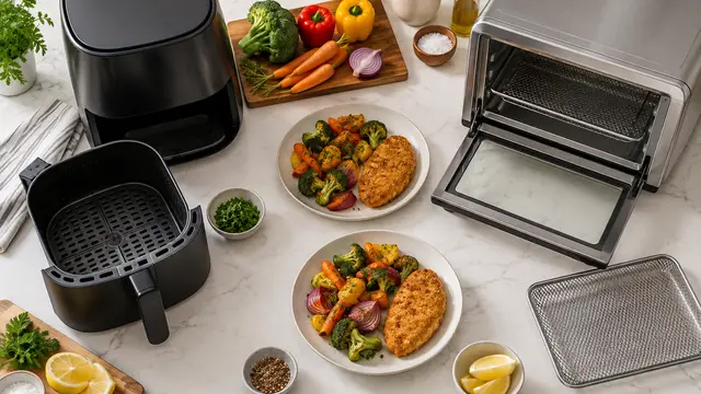 Overhead photograph of a cool, unplugged basket air fryer and an air fryer toaster oven on a spacious kitchen island, with their removable basket and tray beside equal portions of roasted vegetables and breaded chicken. The clean appliances have no branding, text or logos.