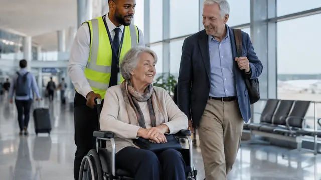 An older traveler seated in an airport wheelchair, with an attendant and companion nearby in a spacious terminal, in a dignified, candid scene.