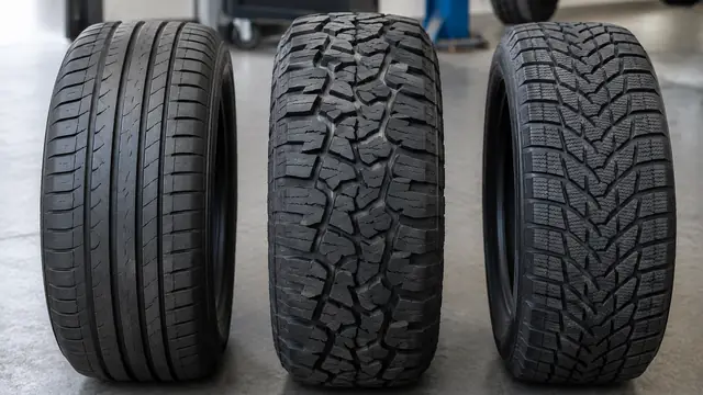 Three unmounted tires with visibly different tread patterns sit on a plain workshop floor, with sidewall lettering hidden and no visible logos.
