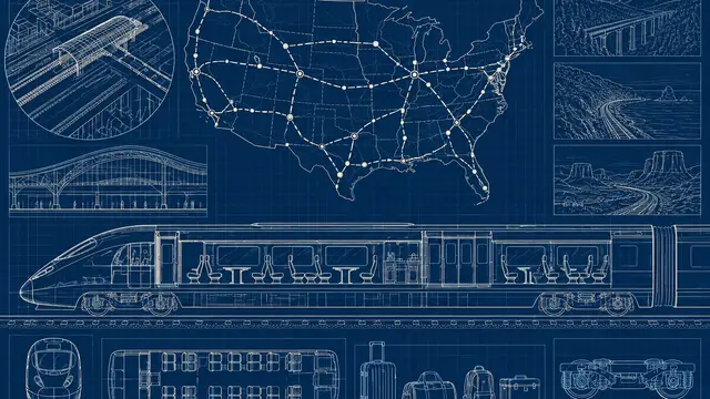 Detailed railway planning illustration on deep navy paper: an unlabeled contiguous U.S. outline, connected station dots, a cutaway passenger train and small luggage silhouettes in crisp cream and pale-blue drafting lines, without text, numbers or logos.