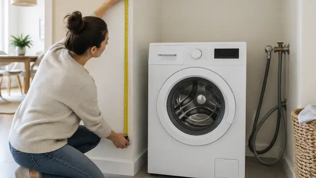A homeowner measures a laundry alcove beside an unbranded washing machine and loose connection hoses.