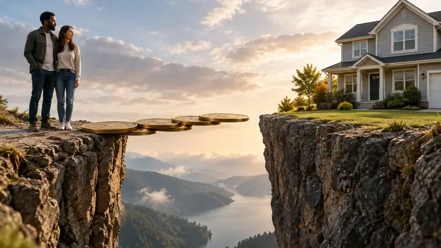 Photomontage of a realistic suburban home across a narrow chasm from an interracial couple. Oversized coins form a short bridge spanning only part of the distance. No text, numbers, or logos.