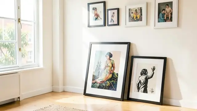 Framed prints leaning against a wall in a studio