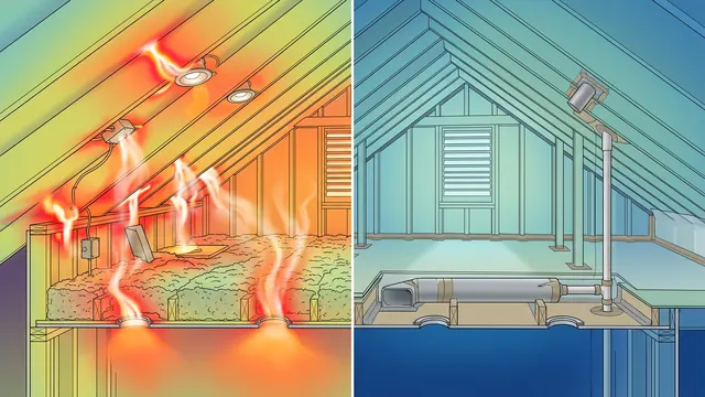 Thermal cutaway illustration comparing a leaky attic with a cool air-sealed attic.