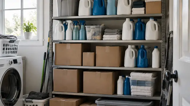 Overfilled utility shelf stacked with repeated unbranded detergent bottles and unopened plain shipping boxes, with no visible text or logos.