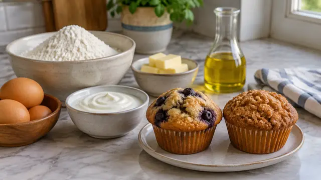 Home baking workspace with flour, eggs, butter, oil and yogurt in plain bowls beside two muffins showing different textures.