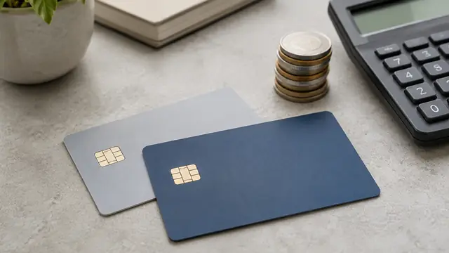 Two plain, unmarked payment cards beside a calculator and a small stack of coins on a neutral tabletop, with no visible text, logos or readable screens.