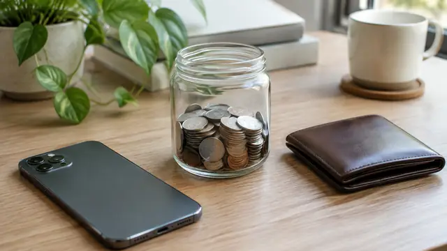 A smartphone lying face down beside a transparent jar of coins and a plain wallet on a clean home desk, with no visible text, logos or readable screens.