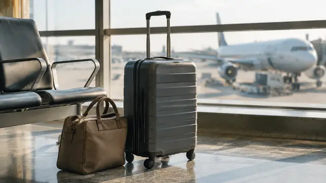 A compact personal bag and larger carry-on suitcase beside an airport seat in bright window light, with an aircraft blurred outside.