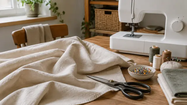 Plain cotton fabric, fabric scissors, pins and thread arranged beside an unbranded sewing machine on a small worktable.