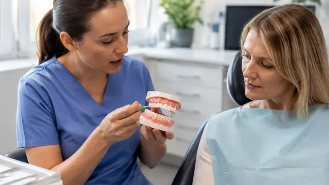 A dental hygienist demonstrates an interdental brush on a realistic dental model beside an adult patient.