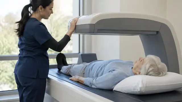 An older adult lies comfortably on a bone density scanning table while a technician positions the scanning equipment.