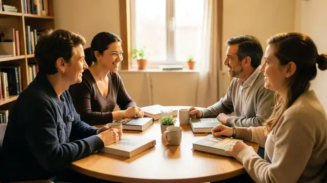 A group of people talking around a table with books and coffee
