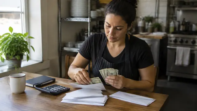 Restaurant worker organizing cash into plain envelopes at a modest kitchen table, with a calculator and closed notebook nearby in natural morning light.