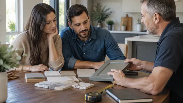 Two homeowners compare tile and cabinet samples with a contractor at a dining table, with a closed notebook and tape measure nearby.