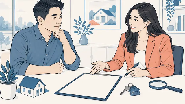 Editorial line drawing: Asian American man and female real estate agent across a table with a blank agreement, keys and magnifying glass; restrained blue and coral accents, no text or logos.