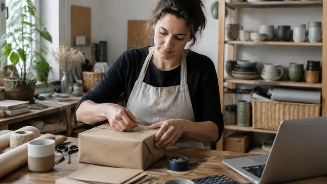 Craft seller packing an unmarked parcel at a small worktable, with packing supplies and a calculator nearby.